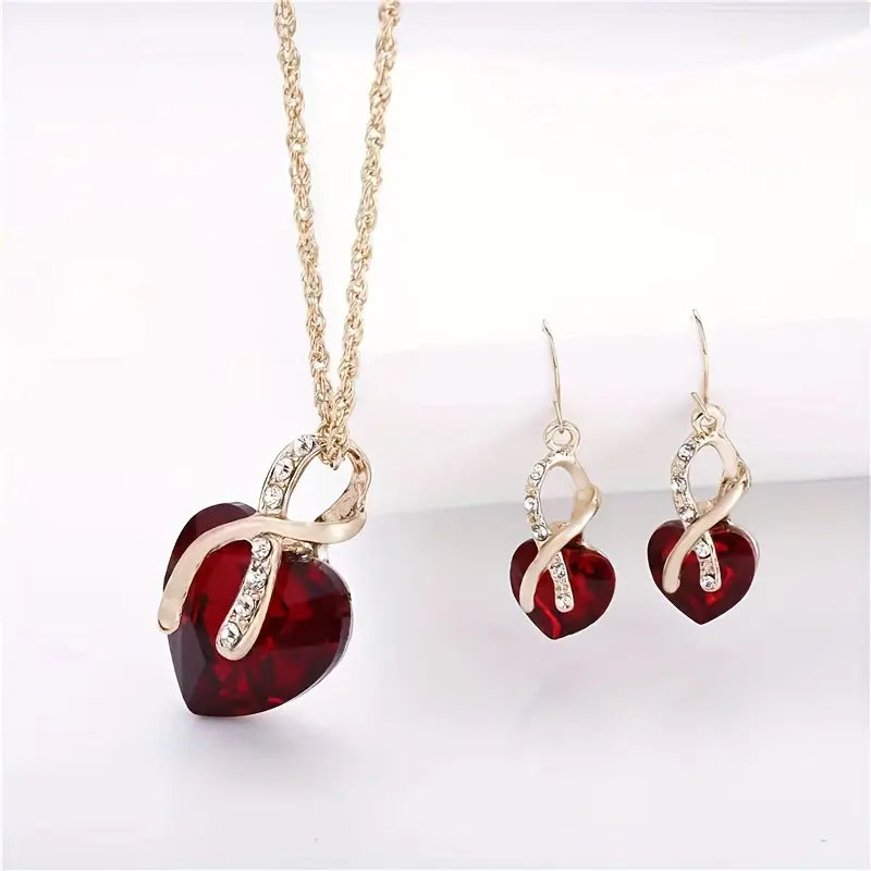 Gold Ruby Twisted Heart Jewellery Set