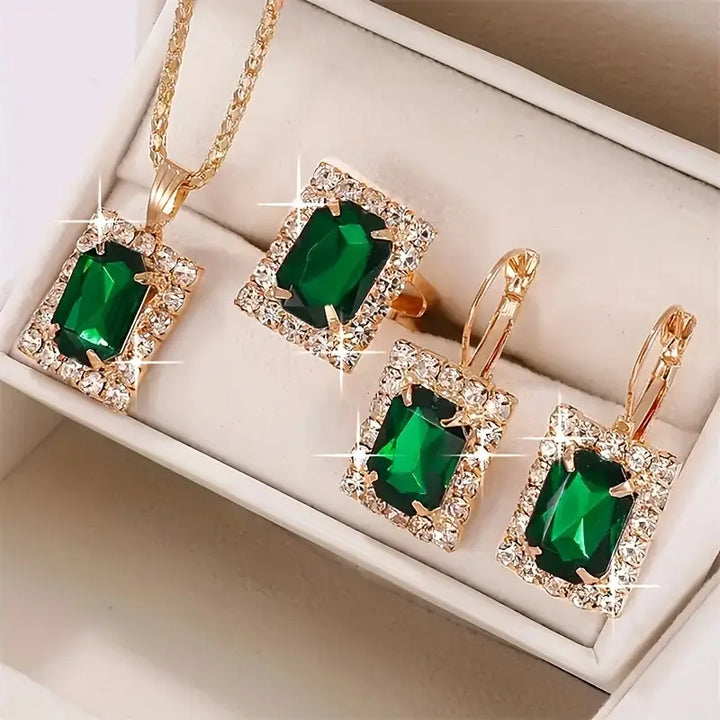 Gold Emerald Rectangular Jewellery Set