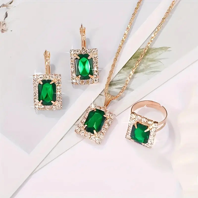 Gold Emerald Rectangular Jewellery Set