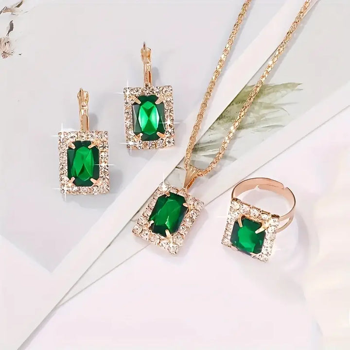 Gold Emerald Rectangular Jewellery Set