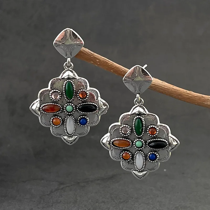Vintage Colourful Stone Silver Earrings