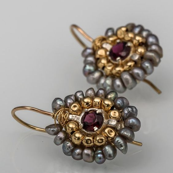Vintage Gold &amp; Grey Stone Earrings