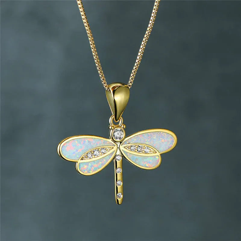 Dragonfly Necklace in Gold with Opal